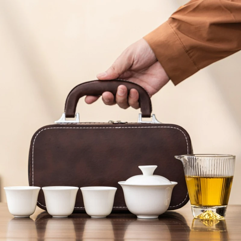

5PCS/Set Kung Fu Tea Set Gift Travel Portable Outdoor Ceramic Ru Kiln Quick Tea Cup Set Sheep Fat Jade White Porcelain Gift New