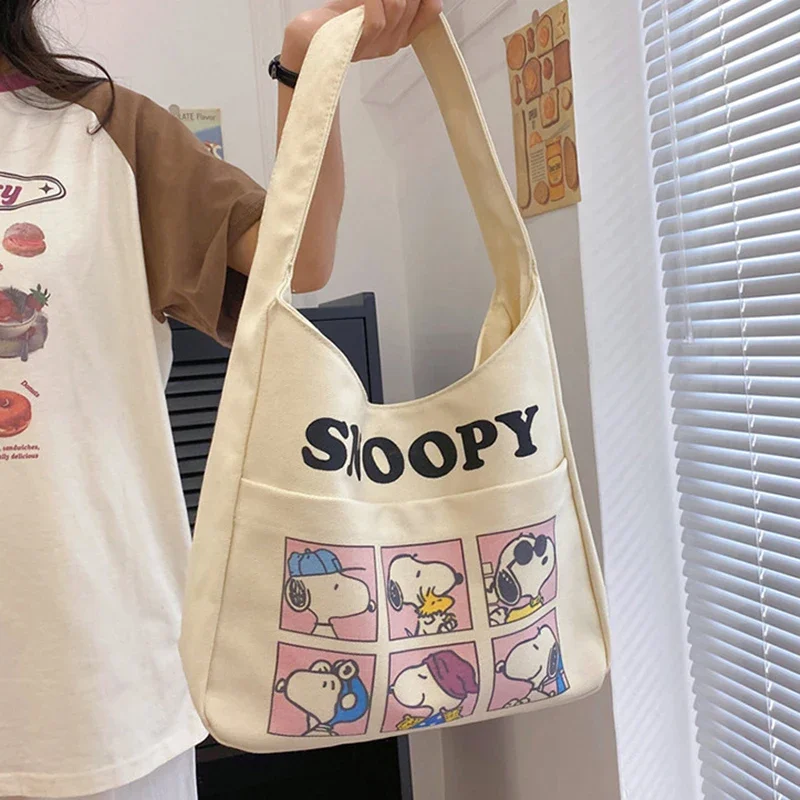 MINISO Disney Serie Cartoon Casual Canvas Bag Cute Snoopy Shoulder Bag Printed Underarm Bag Fashionable Large Capacity Handbag