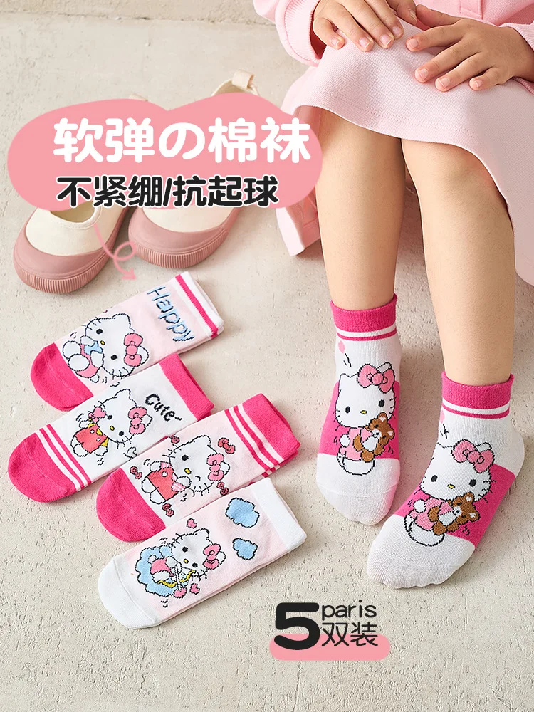 

5Pcs Hello Kitty Kids Socks Kawaii New Spring and Summer Cartoon Children Mid-calf Cotton Sock for Girls 5-12 Years