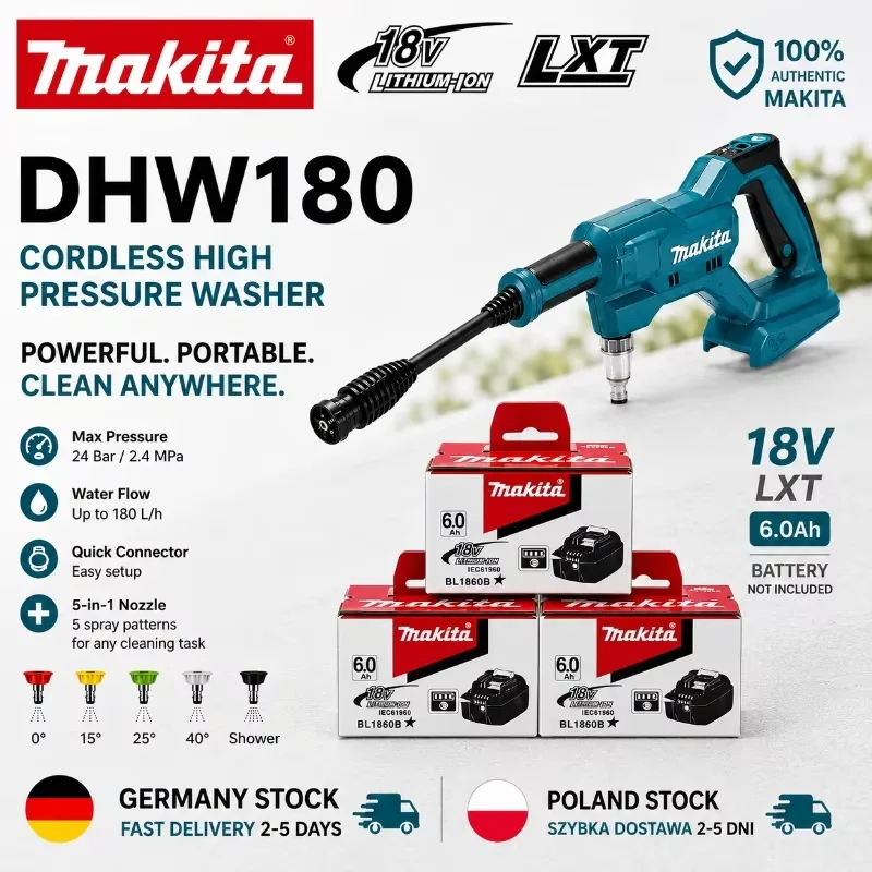 Original Makita DHW180 Kabelloser Tragbarer Hochdruckreiniger 18V Hochdruck-Wasserreiniger Sprühpistole für Autowäsche, Gartenbewässerung, Terrassen-, Boden- und Fensterreinigung, kompatibel mit