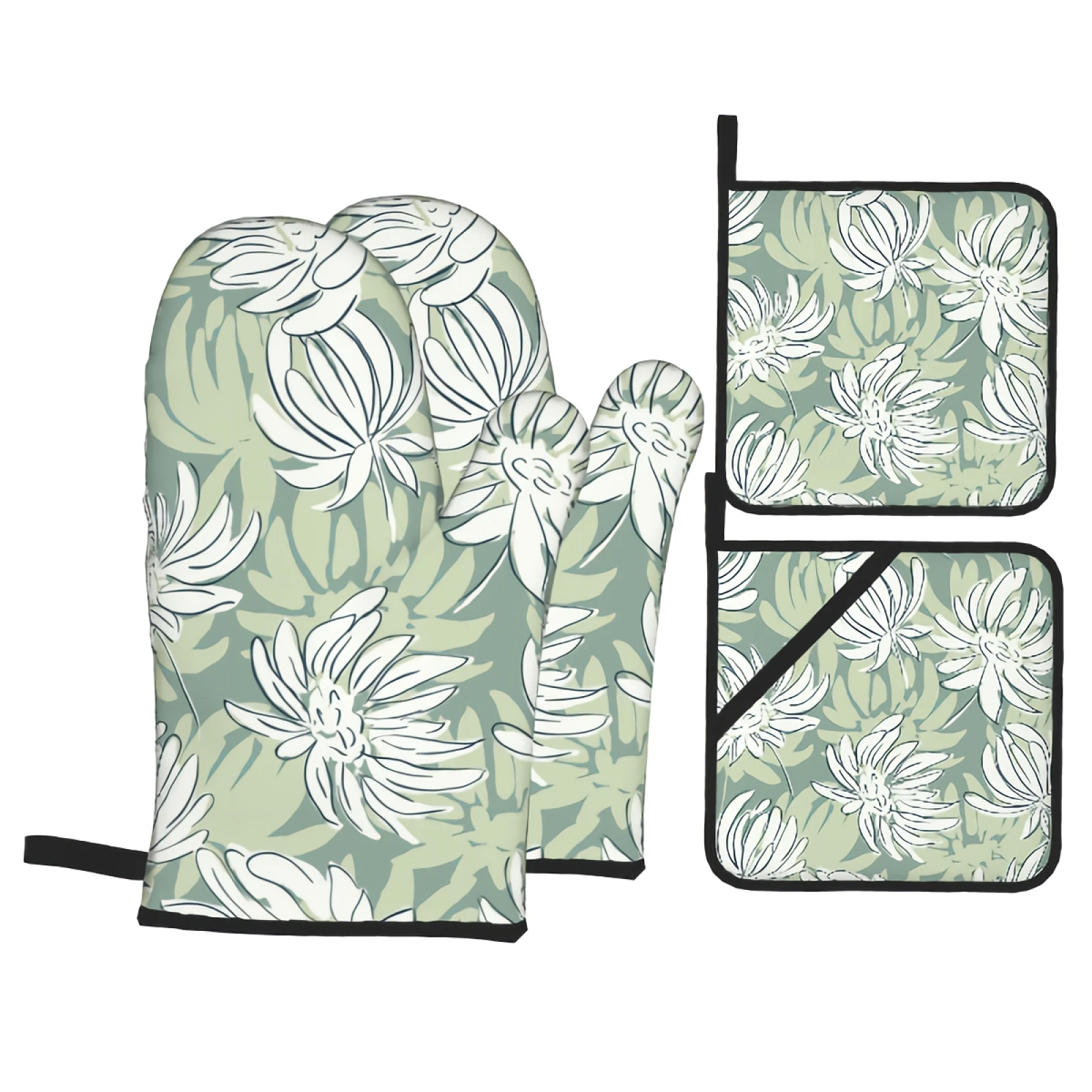 

White Flower 4PCS Oven Mitts and Pot Holders Sets for Cooking Baking Grilling