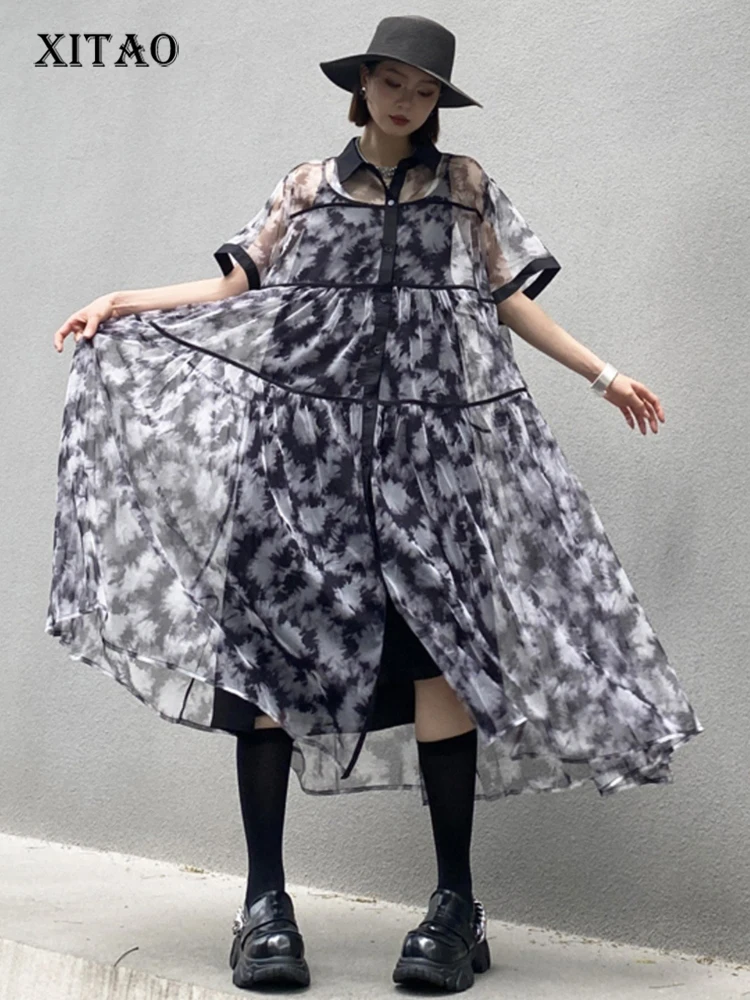 

XITAO Mesh Patchwork Print Shirt Dress Loose Single Breasted Women Trend All-match Casual Summer Short Sleeve Dress ZMY1248