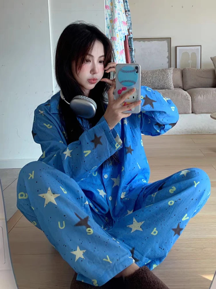 

2025 Women's Blue Star Letter Print Pajama Set - Long Sleeve Shirt & Wide Pants, Loose Fit Cute Casual Sleepwear Spring Autumn