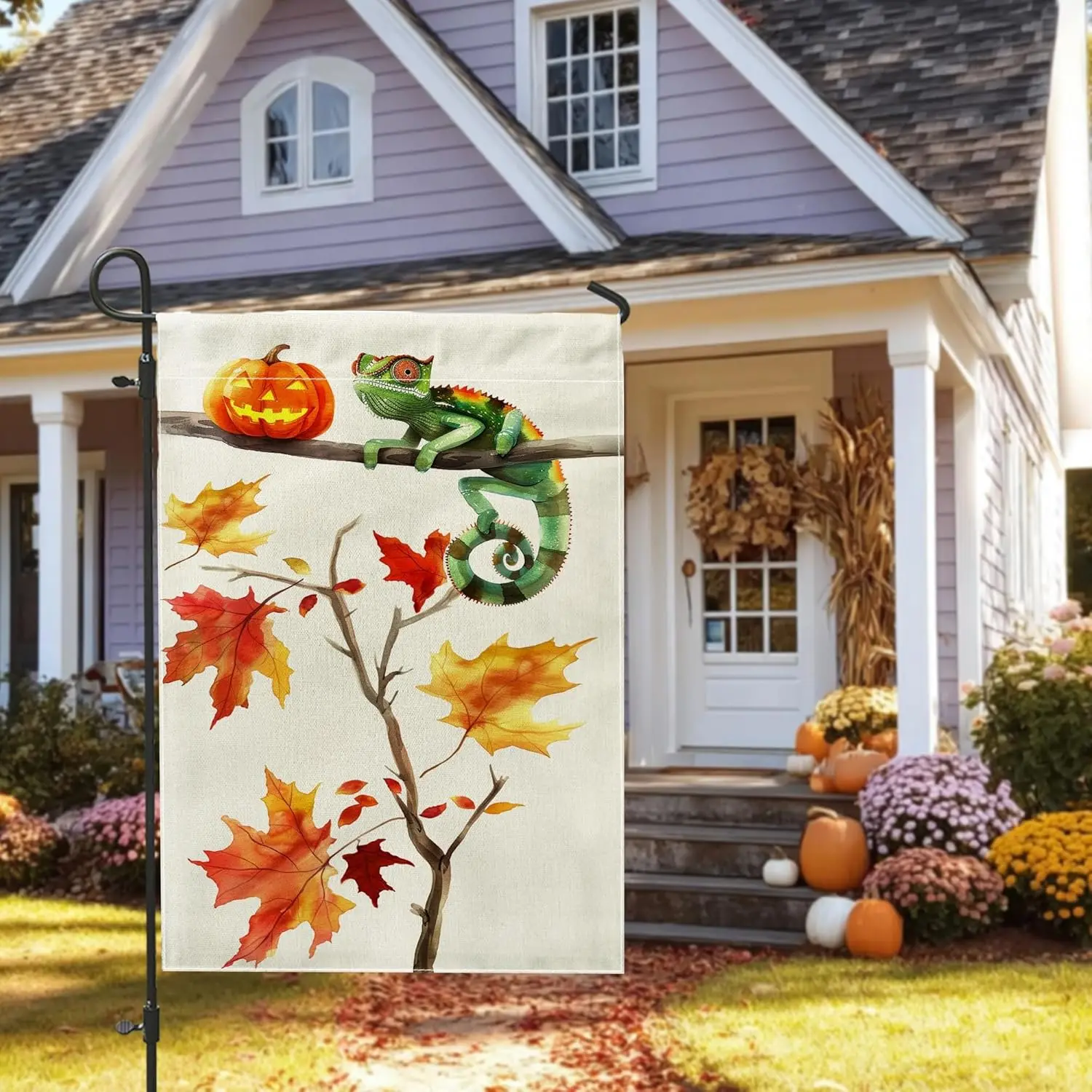 Autumn Chameleons Garden Flag, Green Lizard Pumpkin Fall Decor Double Sided Burlap Yard Banner, Outdoor Lawn Decoration for  yyi