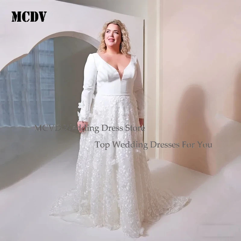 

MCDV V Neck Satin Wedding Dress Plus Size Long Sleeves Applique A Line Luxury Bride Gowns Beading Customized Woman
