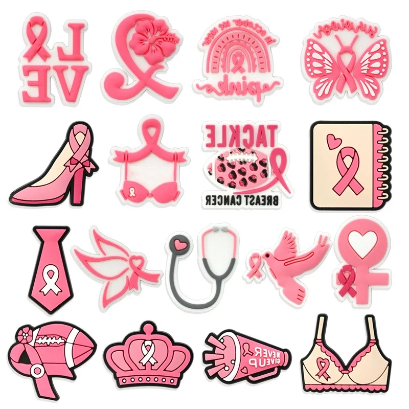 

Breast Cancer Never Give Up Shoes Charms PVC Bra Pink Series Clogs Sandals Accessories for Woman Bracelet