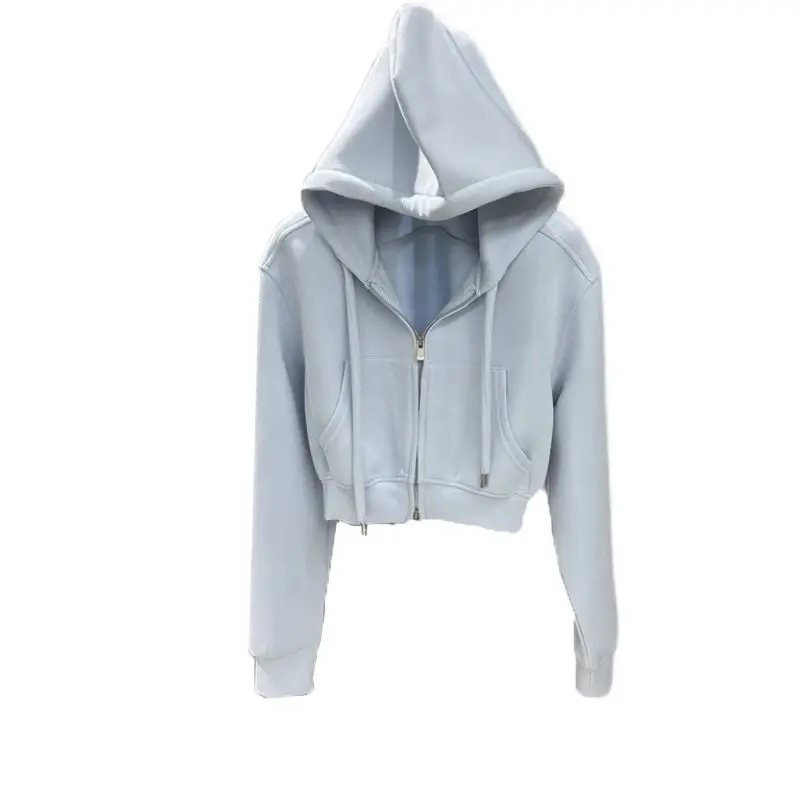 2024 Spring And Autumn Wear New Hooded Collar Solid Color Simple Short Zip Open Sweatshirt Women\'s Coat