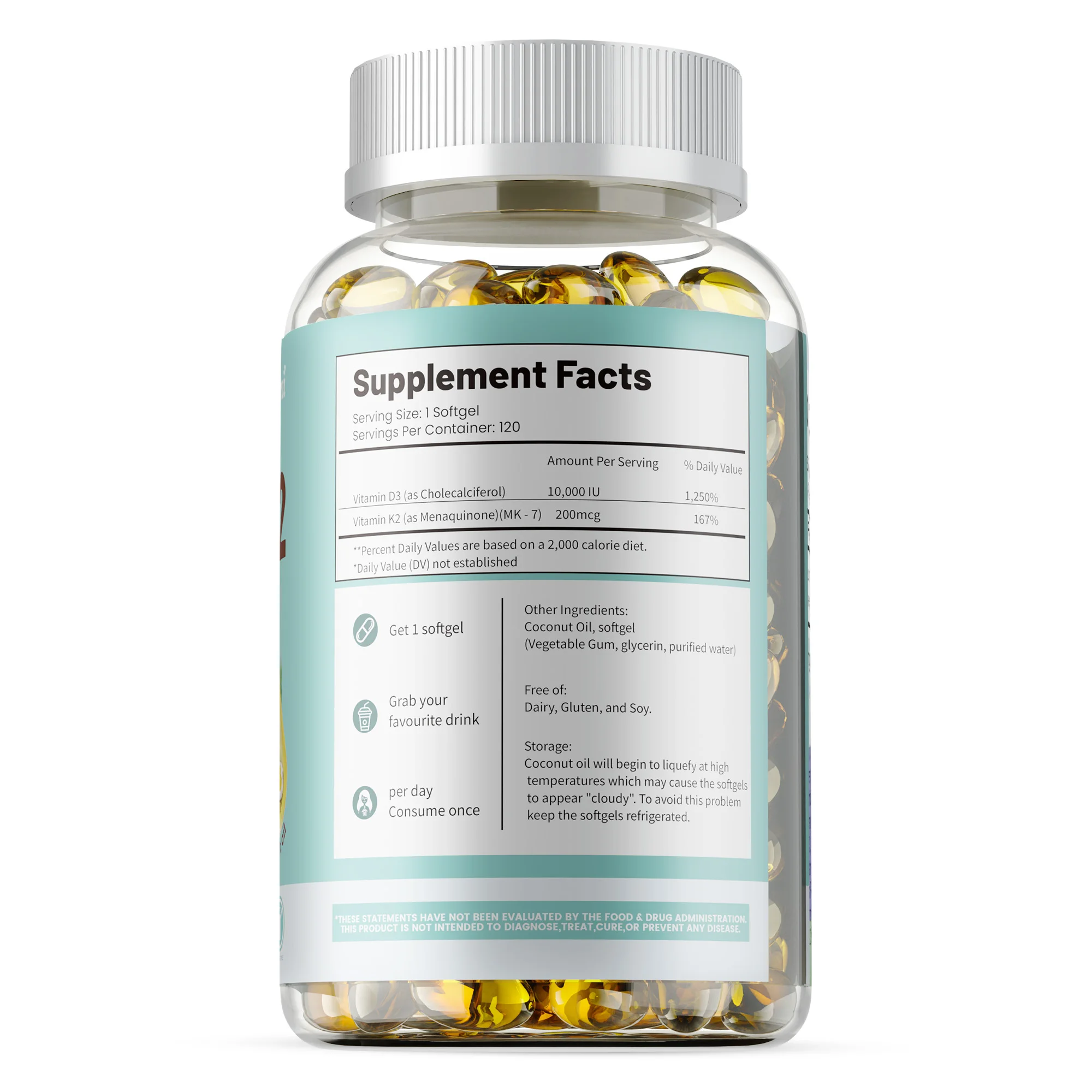 

Vitamin D3+K2 - Organic Coconut Oil, Calcium Absorption, Supports Teeth, Bones, Heart & Joint Health, For Sleep, Boost Immunity