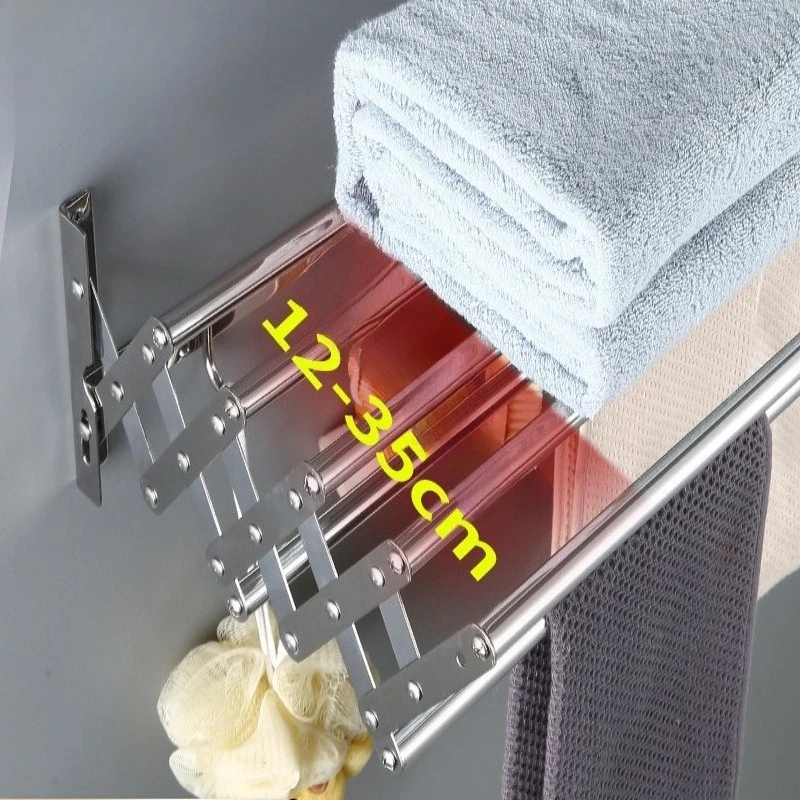 No Drill Extendable Wall Mounted Towel Bar Foldable Laundry Rack Corrosion Resistant Rhombic Reinforced Base for Bathroom Use