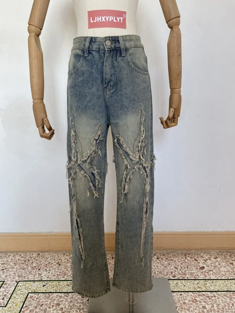 

Женские потертые джинсы с заусенцами, осенние повседневные брюки для девочек, женские брюки с высокой талией, широкие синие джинсовые брюки