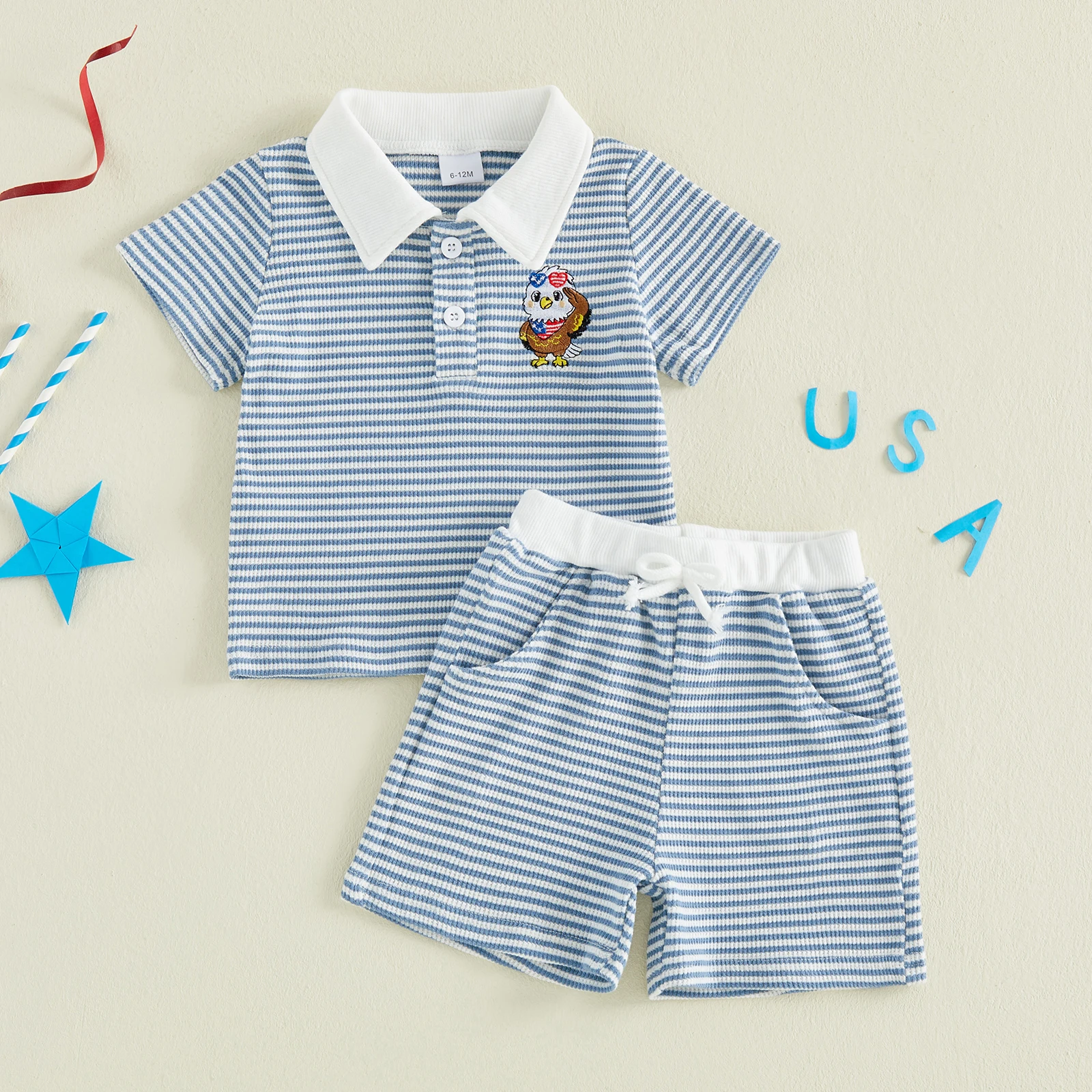 Little Boys 4th of July Outfits Adorable Bird Truck Embroidery Short Sleeve Turn Down Collar Striped Tops and Shorts Set