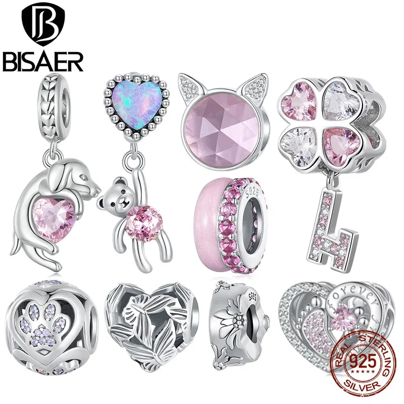 

BISAER 100% 925 Sterling Cute Pink Bear Charm Bead Heart-Shaped Butterfly CZ Pendant Fit Women DIY Bracelet Fine Jewelry