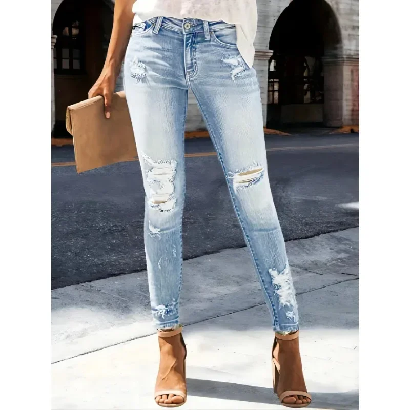 

2024 hot-selling new women's skinny jeans with holes slim fit elastic slimming trendy all-match jeans for women