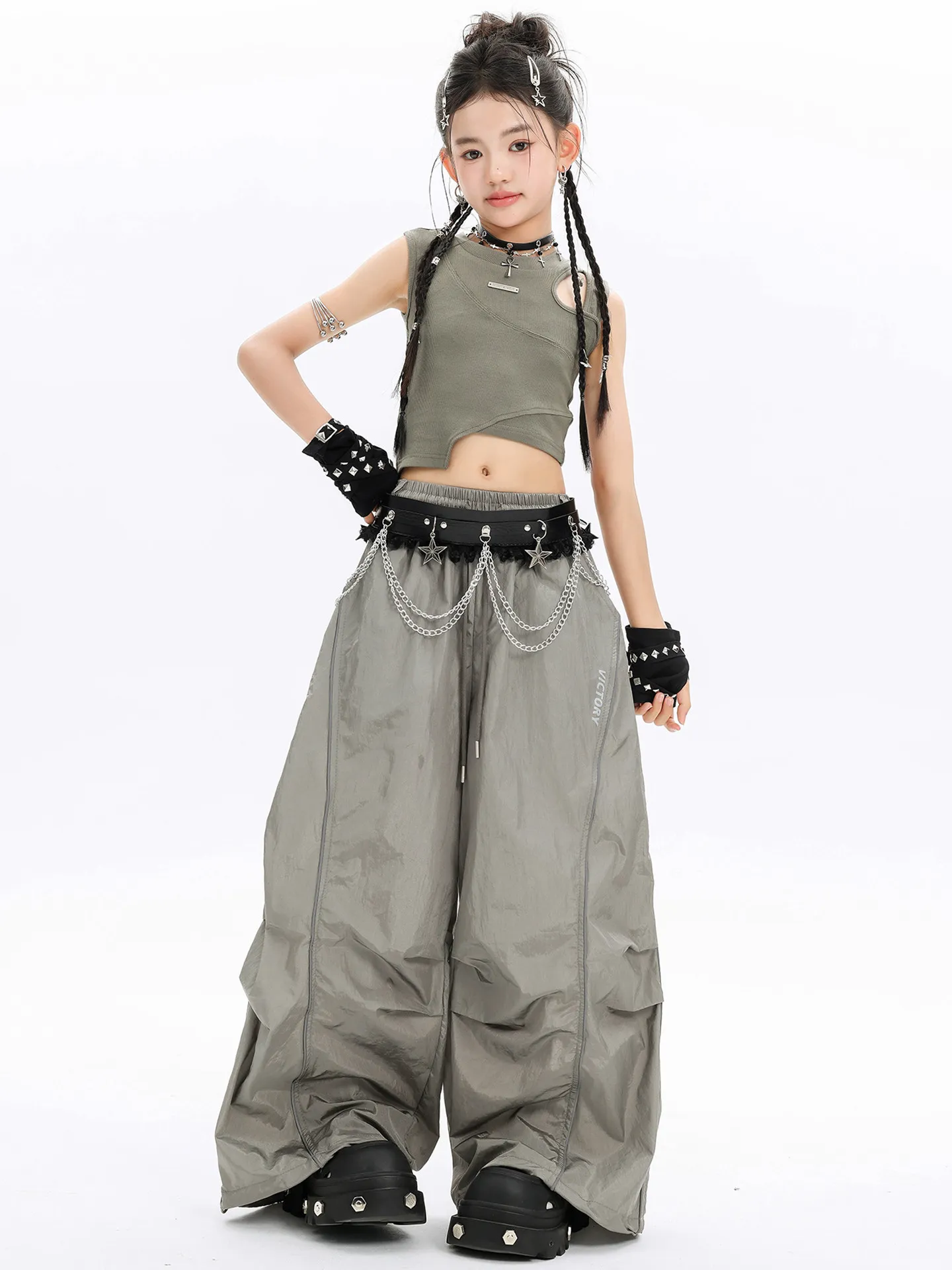 Kids Girls Cool Kpop Hip Hop Suit Sleeveless Vest Baggy Wide Leg Pants Summer Jazz Group Competition Stage Wear Set Heatwave
