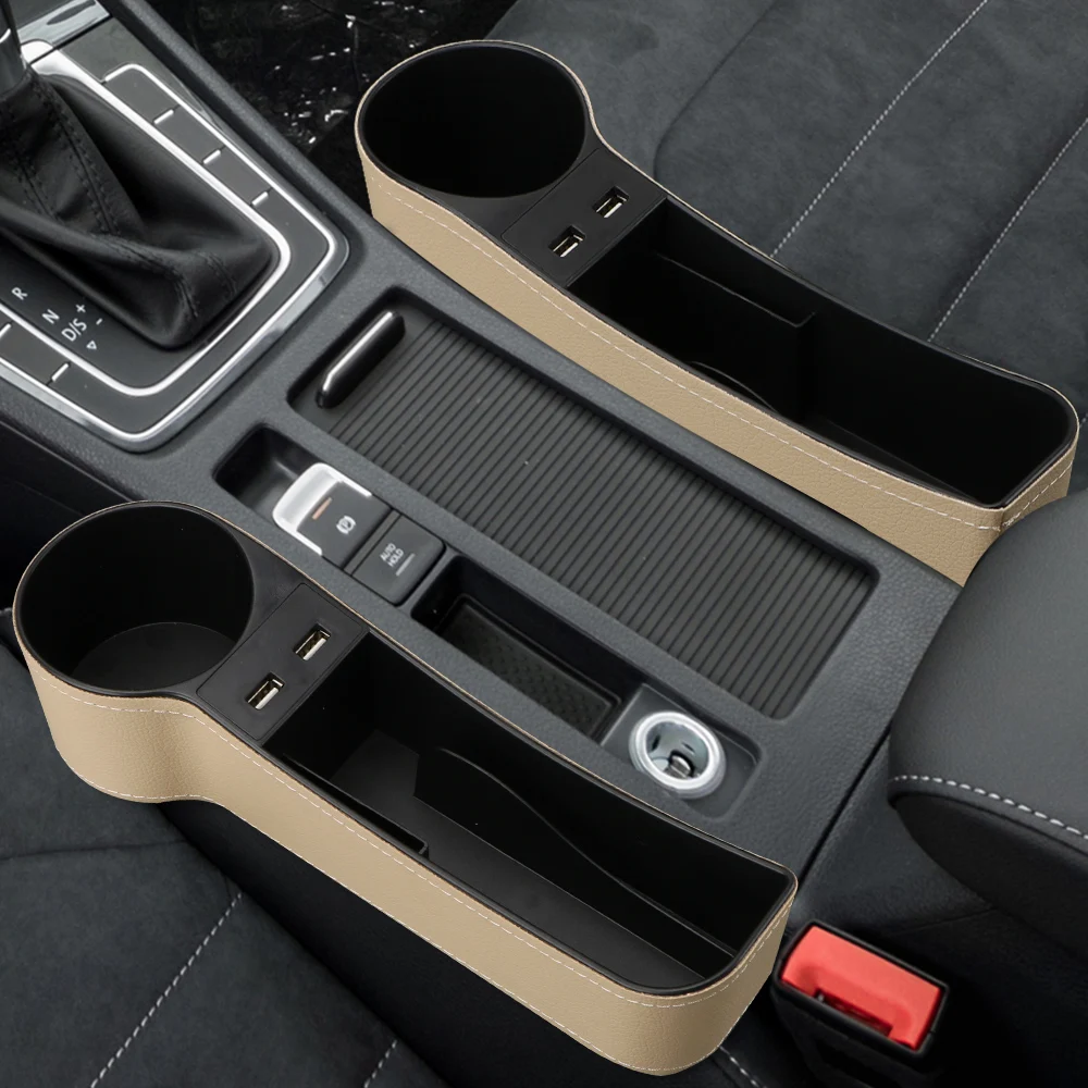 Car Organizer Car Accessories Phone Bottle Cups Holder Box Leather Car Seat Gap Storage Box Dual USB Charger Seat Gap Slit Box