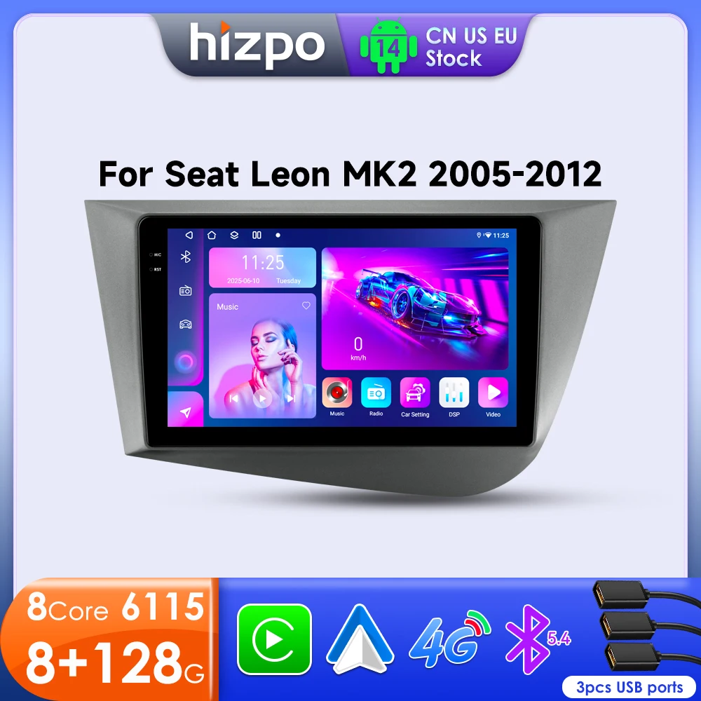 Hizpo 2din Head Unit Android Radio For Seat Leon 2 MK2 2005 - 2012 Car Multiemdia Video Player CarPlay Auto GPS Stereo 8G+128G