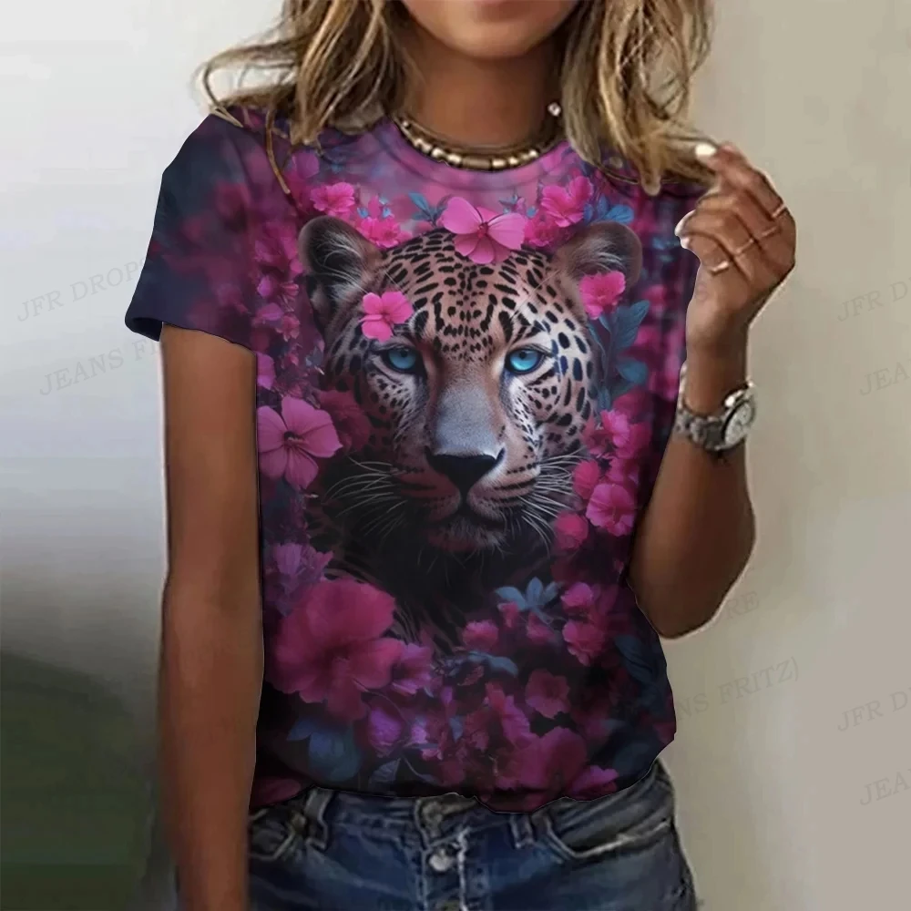 Vintage Women T-shirts 3d Tiger Print Crew Neck T-shirt Ladies Tops Women's Clothing Oversized Animal T Shirt Floral Tshirt Girl