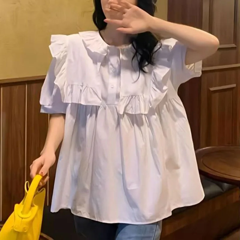 

Summer New Women's Solid Color Peter Pan Collar Button Folds Spliced Ruffles Fashion Sweet Loose Short Sleeve Shirt Blouse