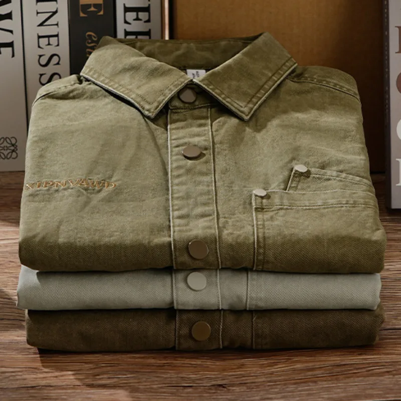 Men's Heavyweight 100% Cotton Casual Shirt, Vintage Washed Faded Finish, Loose Relaxed Fit Button Down Shirt with Chest Pocket