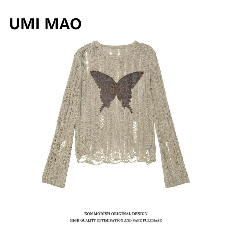 

UMI MAO Fashion Tops Autumn Women's Clothing New Item Real Shot American Retro Spicy Girl Knitted Long Sleeved Top Femme