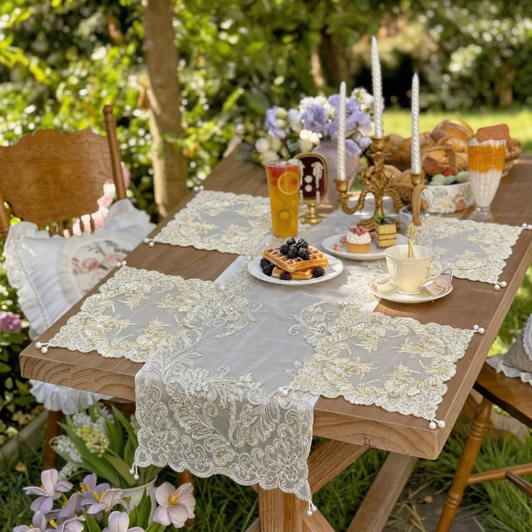 Luxury Gold Embroidery Placemat Set 3d Floral Embroidered Long Table Runner Square Breakfast Mats Summer Outdoor Garden Decor