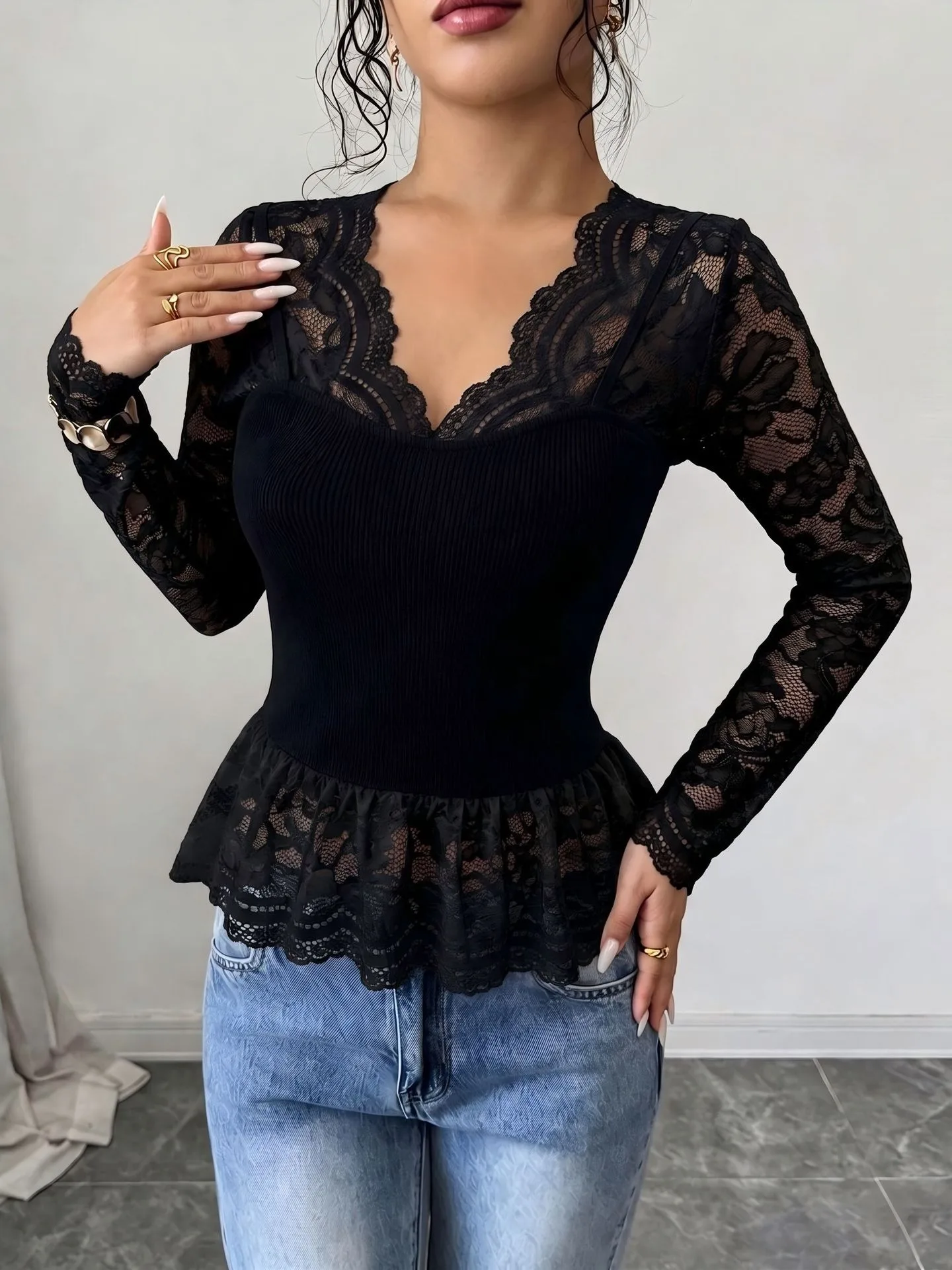 Women V Neck Lace Spliced Long Sleeve Top Slim Waist Ruffle Hem Peplum Blouse Elegant See Through Casual Tee Autumn Winter