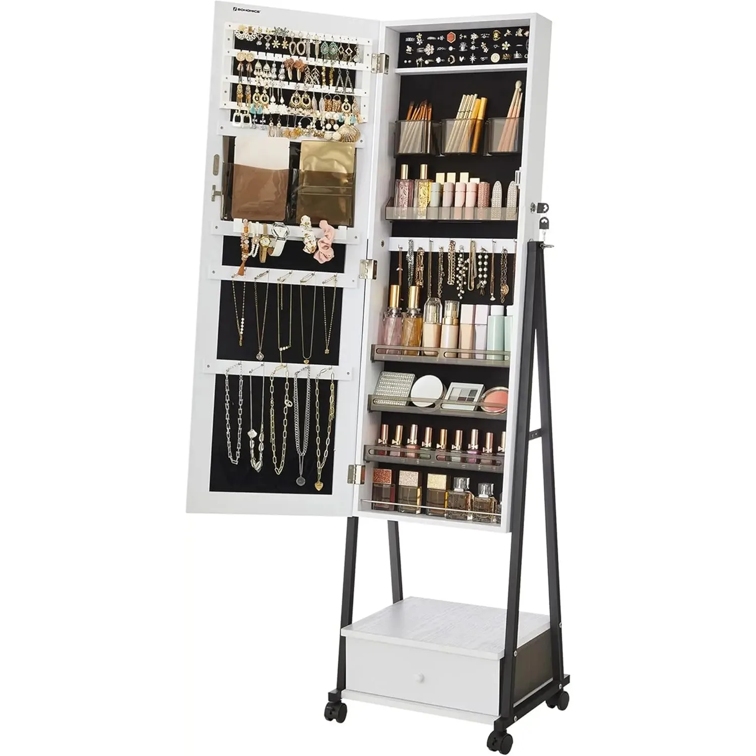 Jewelry Cabinet Floor Standing, Lockable Jewelry Organizer with High Full-Length Mirror, Bottom Drawer, Shelf, Wheels