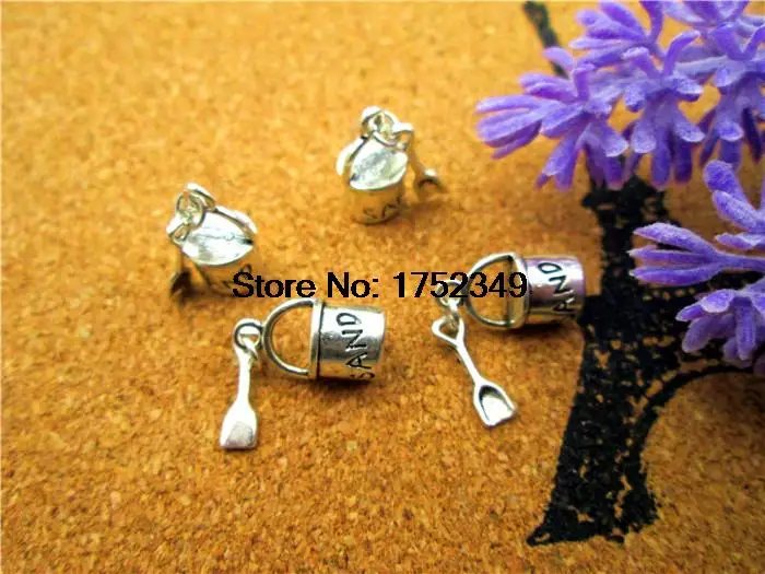 

50pcs- Antique Tibetan Silver Beach Pail 3D With Dangle Shovel Charm Jewelry Making 30x8mm