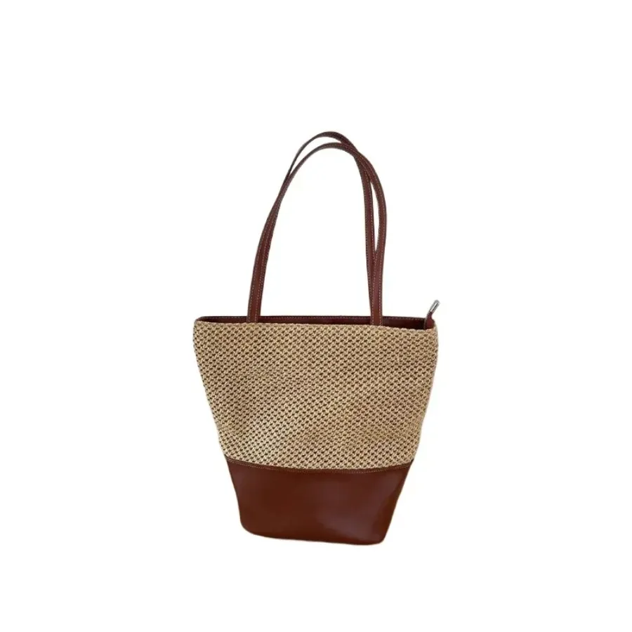 

Fashion niche hollow rustic style straw bag splicing large capacity handbag beach bag simple woven shoulder female bags