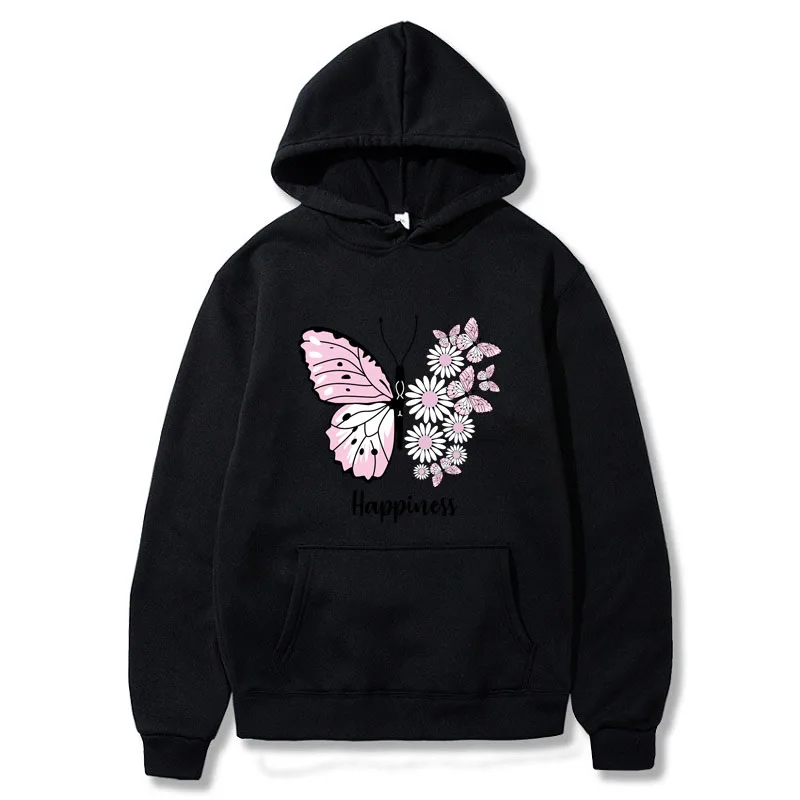 Men\'s and Women\'s Unisex Butterfly Print Pullover Casual Hooded Pocket Sweatshirt Sweatshirt Black XS-4XL