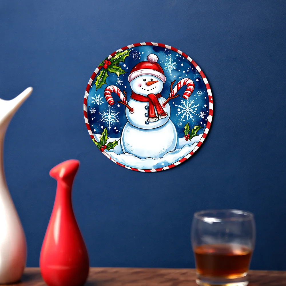1pc 7,87 pollici rotondo in alluminio pupazzo di neve wall art - cartello piatto in metallo 2D con fori preforati, riutilizzabile per interni Natale e per hallo