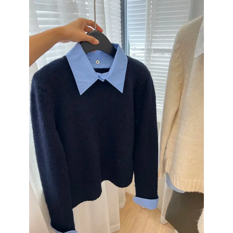 เสื้อสเวตเตอร์ถักไหมพรมสองชิ้น สไตล์ใหม่ คอตัดกัน สไตล์ลำลอง เสื้อสเวตเตอร์ถักไหมพรม