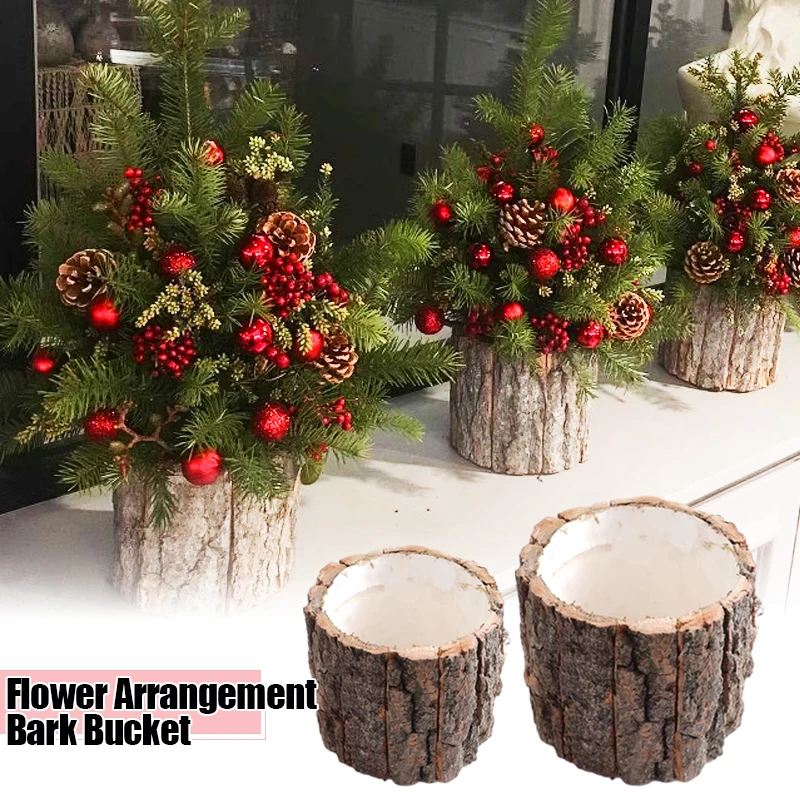 

S/L Bark Bucket Plant Flowerpot Christmas Decoration Dried Flower Bouquet Gift Packaging Bucket New Year Dining Table Ornaments