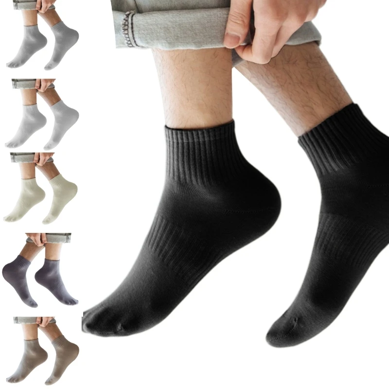 Mens Casual Outdoor Sport Short Tube Ankle Socks Ribbed Cuff Cotton Stretch Basic Solid Color Athletic Short Socks