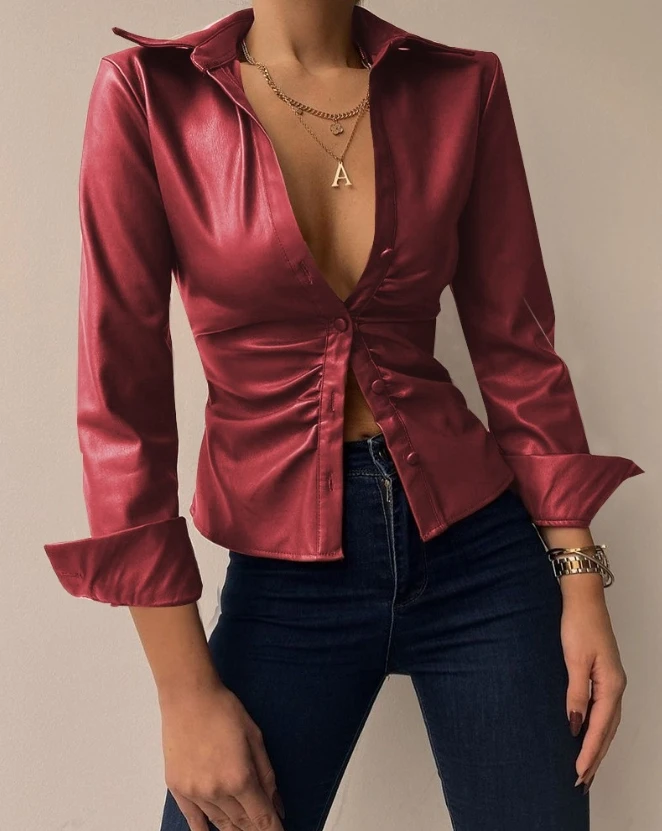 Casual Ruched Long Sleeve Blouse for Women 2024 Spring Autumn New Fashion Turn-Down Collar Pu Leather Button Down Shirt