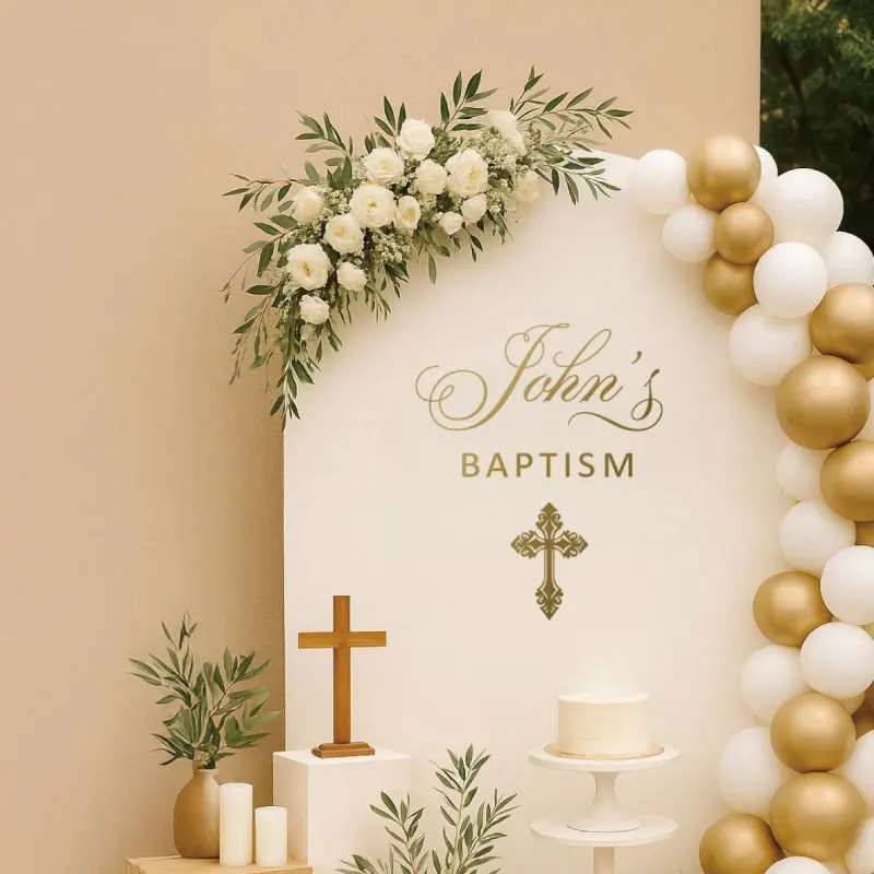 Baptism Custom Vinyl Decal with Cross and Name, Personalized Christening Decoration, Religious Event Party Wall Sticker Q154