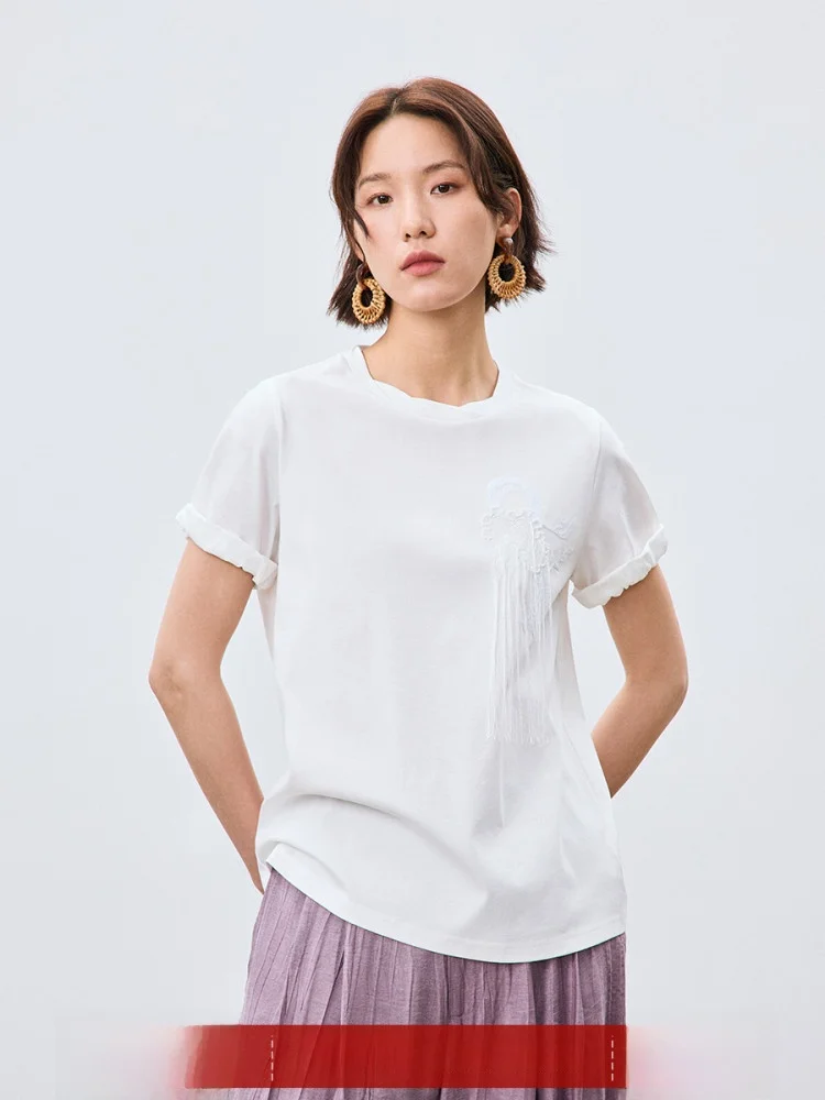 

Женский летний базовый универсальный топ из чистого хлопка с круглым вырезом и бахромой из бусин, белый