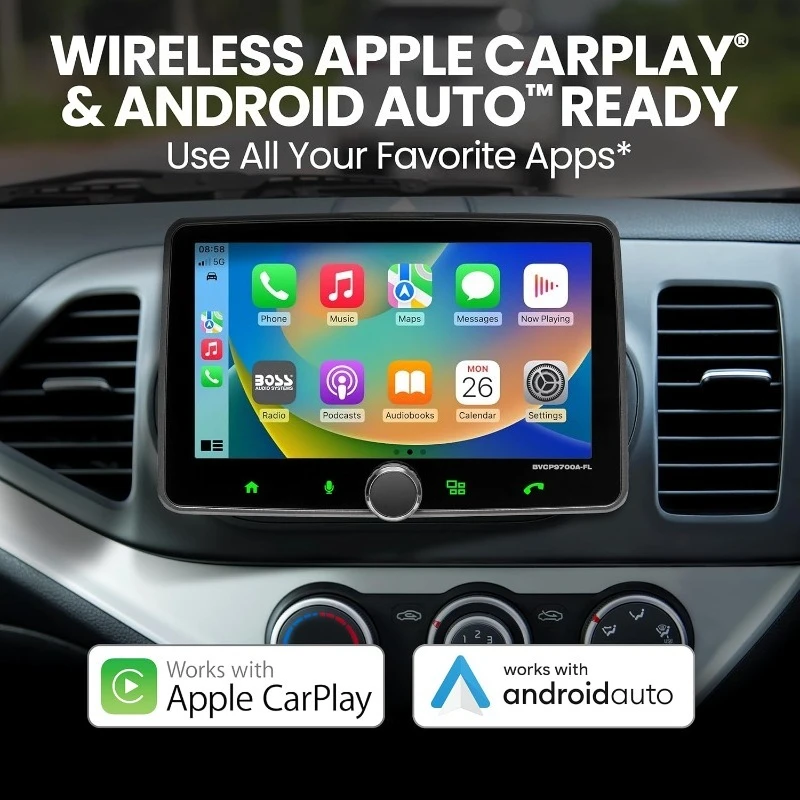 BVCP9700A-FL Single DIN Car Stereo Wireless CarPlay، Android Auto، شاشة لمس 7 بوصة، بلوتوث، /FM