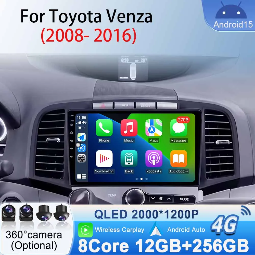 Systems Carplay Android Auto for Toyota Venza 2008- 2016 Car Radio Multimedia Video Player Stereo Navigation GPS Android 15 WiFi