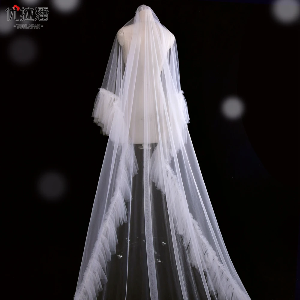 TOPQUEEN V117 Pearls Wedding Veil 2 layers Bridal Veils Cover Face Ruffled Pleated Cathedral Drop Veil Removable Bridal Tail