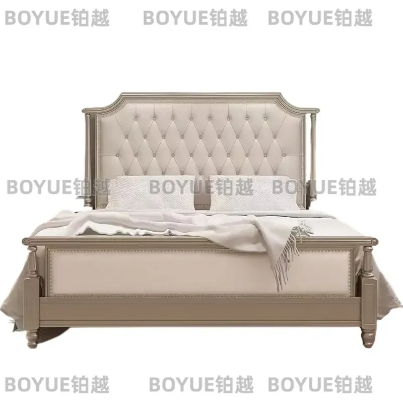 Luxury Solid Wood Queen Bed French Style Modern Leather Art Buckle Double Bed High End Master Bedroom Furniture Wedding Gift