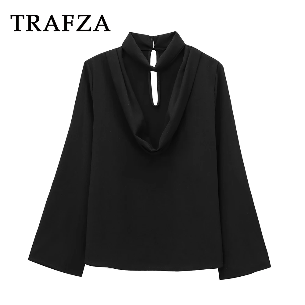 TRAFZA Chic noir Sexy romantique évider Blouse mode 2025 printemps licou luxueux élégant décontracté conçu Chic femmes chemises