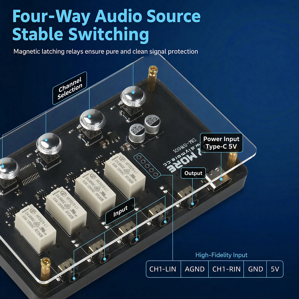 DC 5V AUX 3.5MM Audio Switcher 4 In 1 Out Type C Powered Relay No Noise Stereo Audio Selector For PC Game Console TV Amplifier