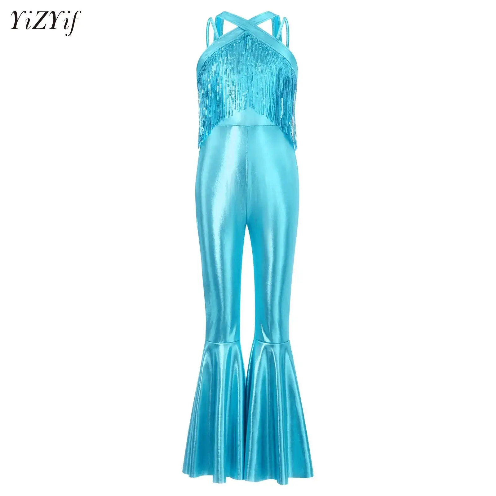 

Kids Girls Sequin Dance Jumpsuit 70S Disco Flared Jumpsuit Halloween Tassels Hippie Costume Metallic Bell Bottom Party Rompers
