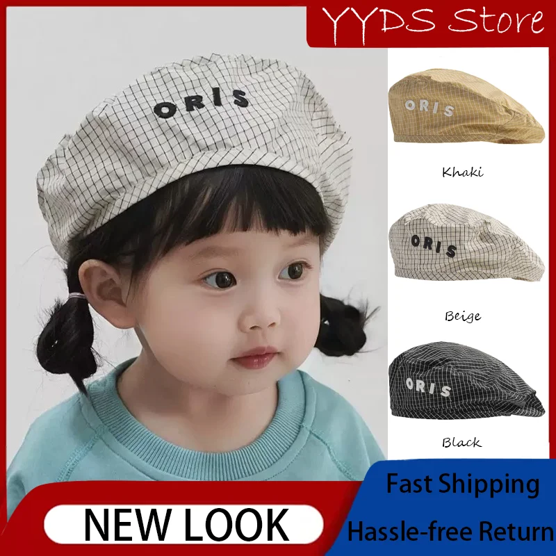 

Kids' Korean Beret: Spring Autumn, Unisex, Plaid, Stylish, Sun Protection, Versatile Baby Hat