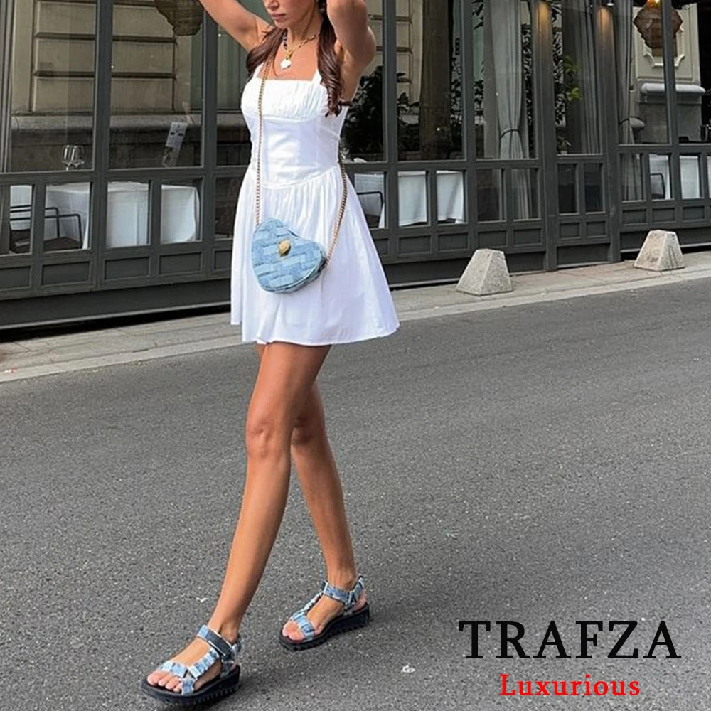 TRAFZA Sexy White Ruffles Mini Dress Women Square Collar Elastic Holiday Dress Fashion 2024 Summer Elegant Beach Style Dress