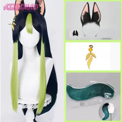 Tighnari Cosplay Wig Game Impact Sumeru Female Tighnari Wigs 80cm Wig Tail Heat Resistant Synthetic Wigs + Wig Cap