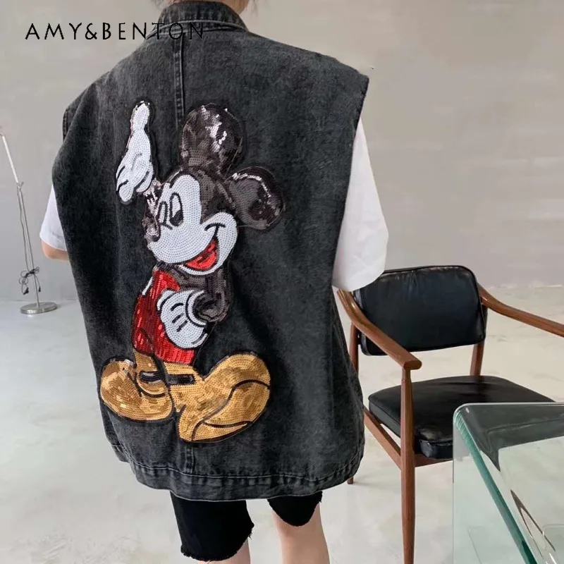 

Vintage Casual Denim Vest 2026 Summer Spring Loose Fit Beaded Versatile Workwear Sleeveless Coat Large Pockets Jacket Waistcoat