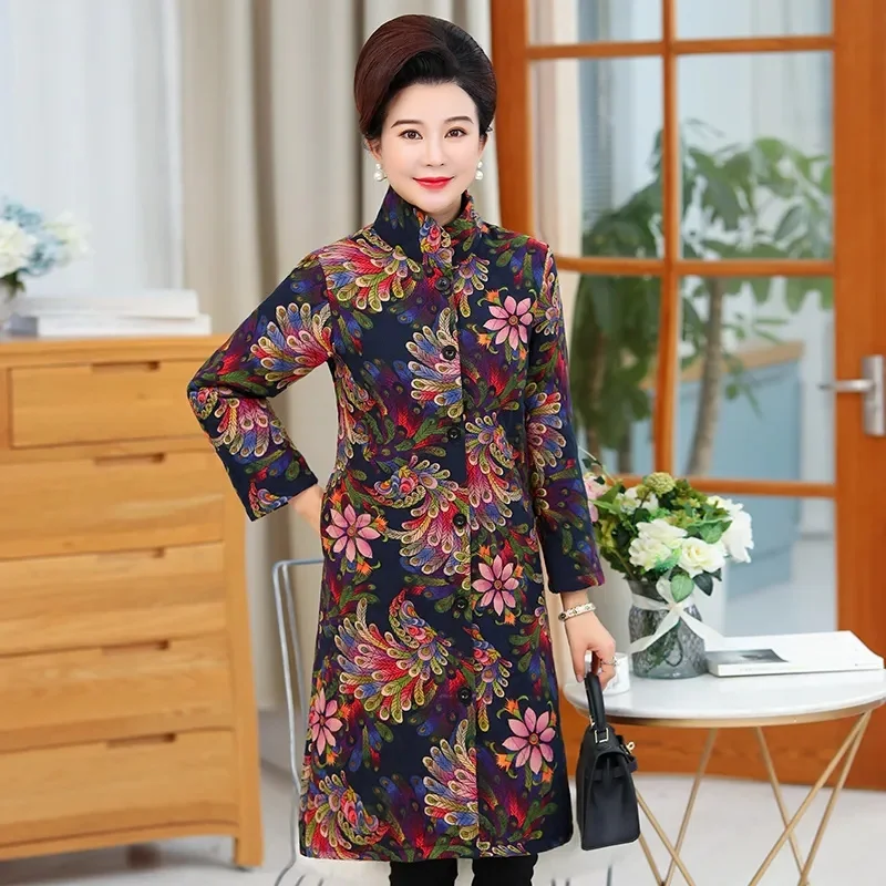 7XL Mid-Aged And Elderly Women's Winter Coat Thick Warm2022 New Mother's Padded Jacket Print Stand Collar Mid-Length Parka
