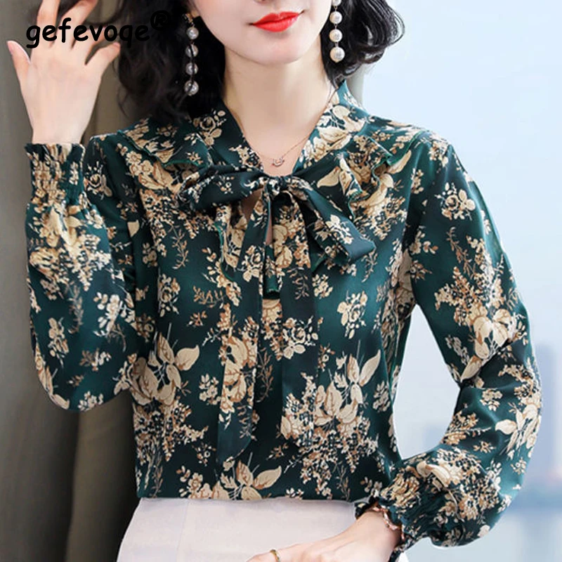 Women Vintage Floral Print Bow Lace Up Blouse Spring Autumn Elegant Fashion Chiffon Shirts Casual V Neck Long Sleeve Tops Female